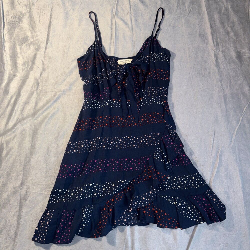 Ocean Drive Women's Ruffle Mini Dress Navy With Multicolored Stars Size Medium